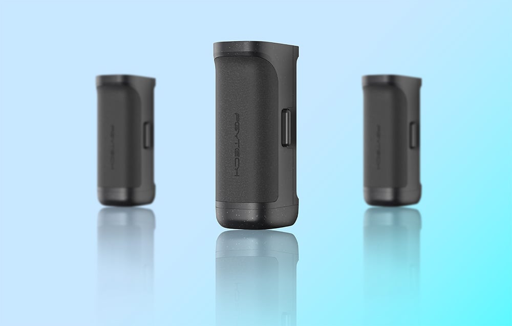 Three gray PGYTECH devices arranged in a row with reflections on a bright blue background