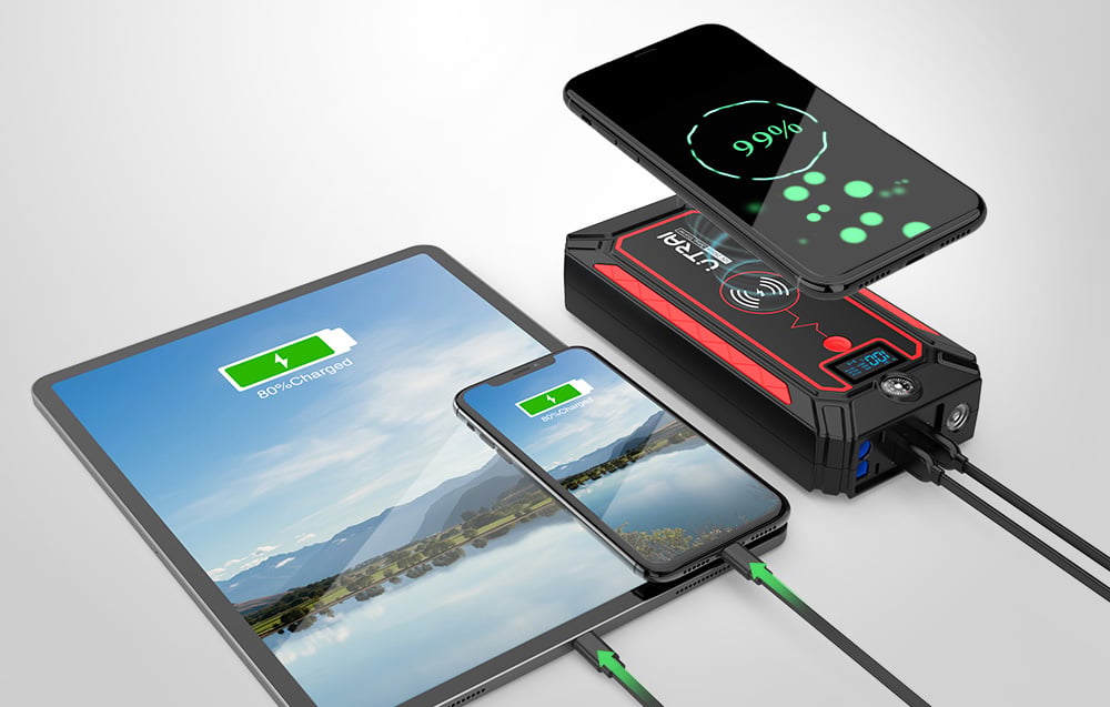 A black car jump starter wirelessly charges a phone and charges a tablet and a second phone via a cable.