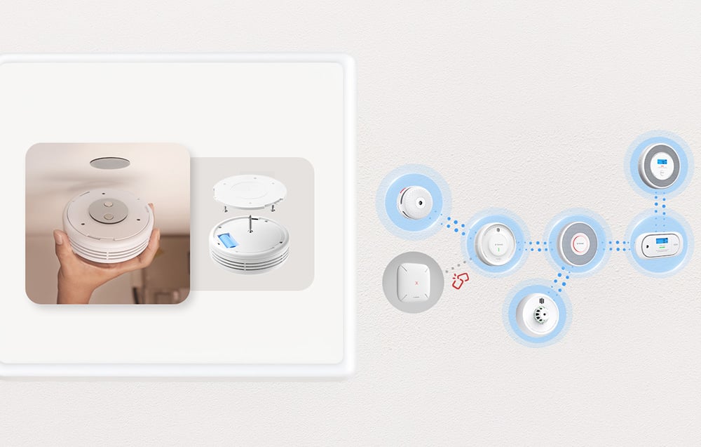 Installation diagram for the magnetic sensor and a graphic depicting a network of wirelessly connected X-Sense devices