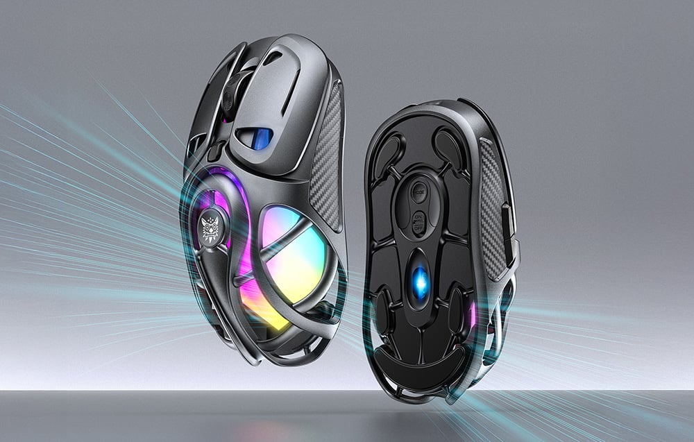 Two black gaming mice with holes for airflow on gray background