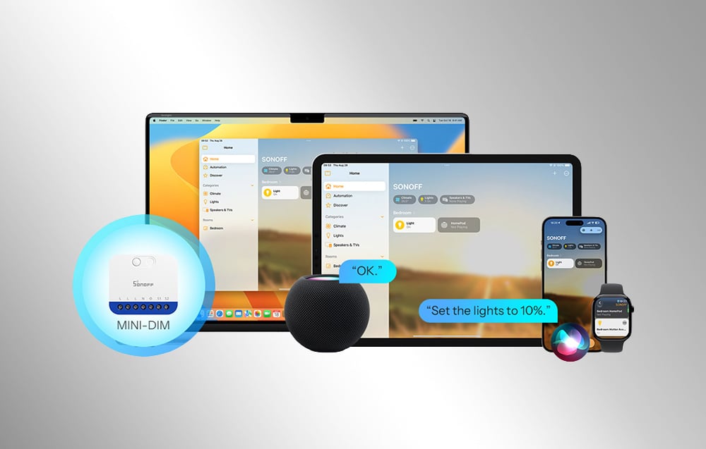 MINI-DIM controlled from an app and voice assistant on a phone, tablet, and laptop