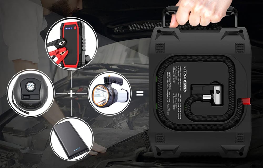 The back of the device features a visible storage compartment for the hose and graphics illustrating the four functions in a single unit.
