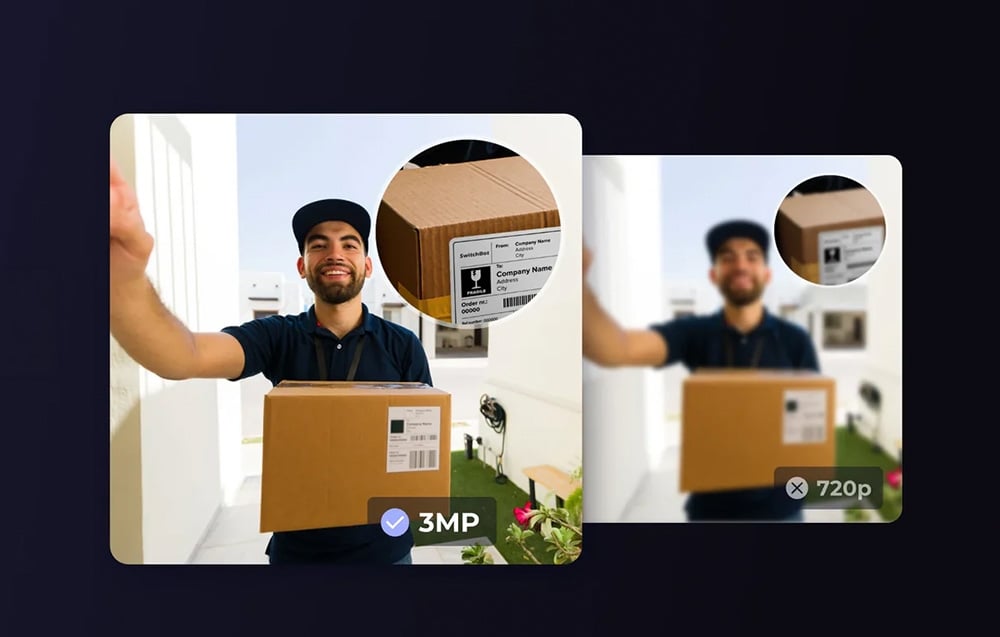 Image quality comparison: on the left, a clear view of a courier with a package; on the right, the same view blurred.
