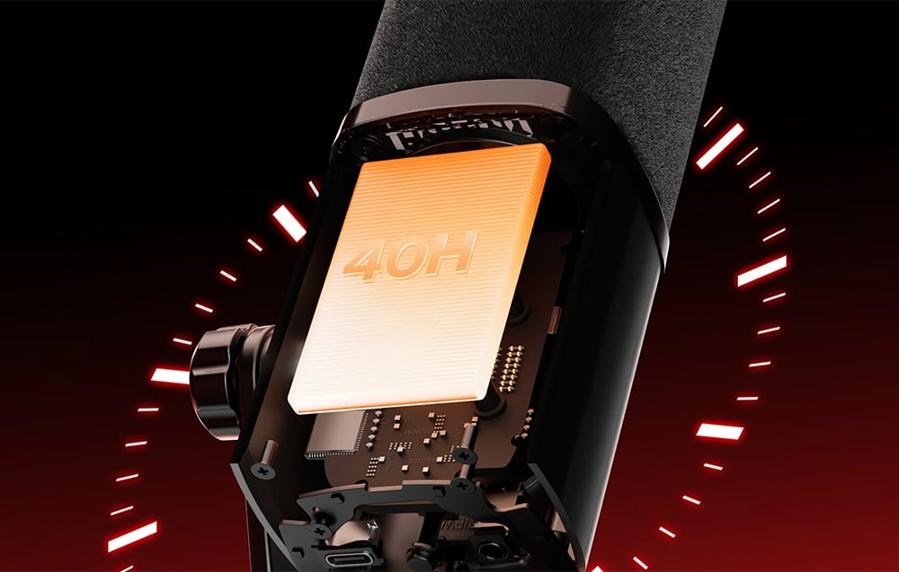 A cross-section of the Maono microphone showing the internal battery labeled “40H” against the background of a clock face
