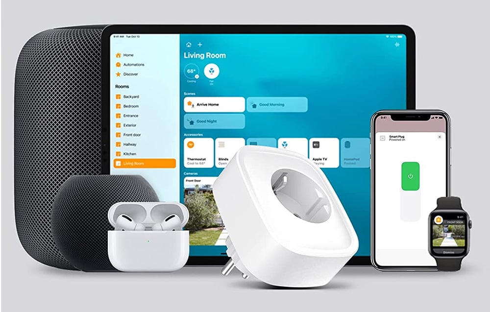 Apple appliance set with home control app and smart outlet shown in foreground