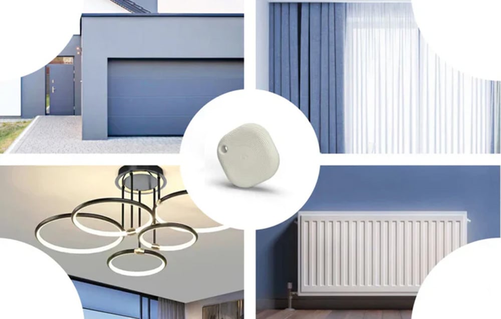 Activation button on a white background, surrounded by a photo of a garage door, curtains, lamp, and radiator