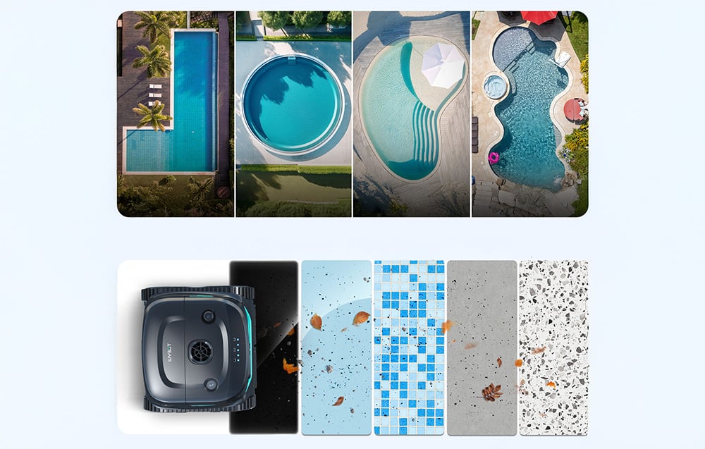 Collage showing four different pool shapes from a bird's eye view and a black pool robot with four samples of different bottom surface types