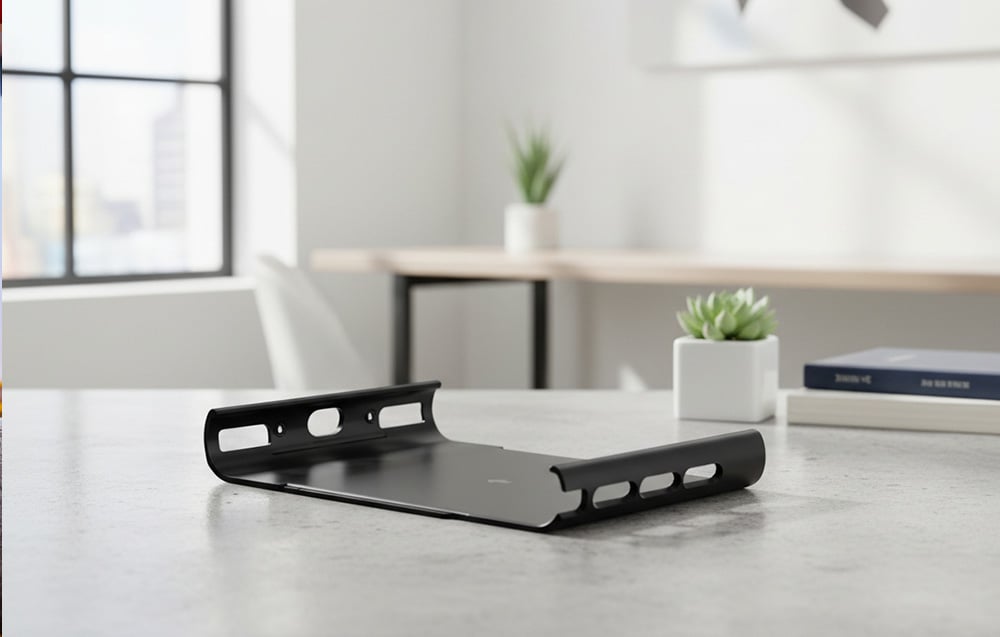 RayNeo mobile docking station holder lying on a table in a bright room.