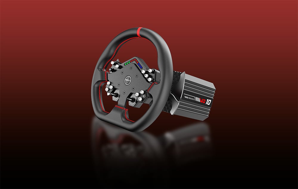 PXN steering wheel with VD10 base on red background.
