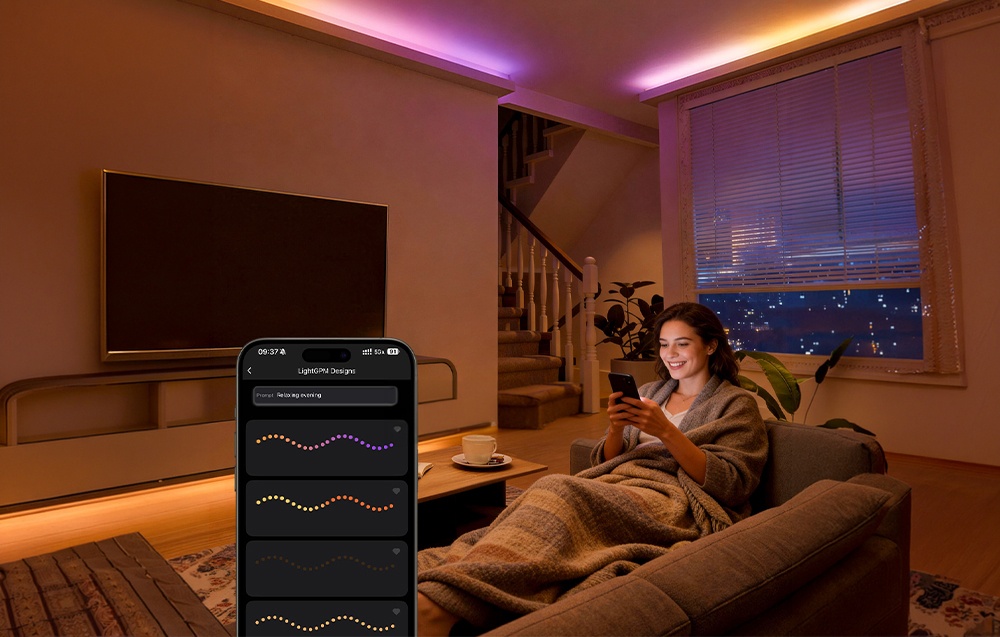 A woman is sitting on the couch under a blanket in a living room illuminated in colorful lights