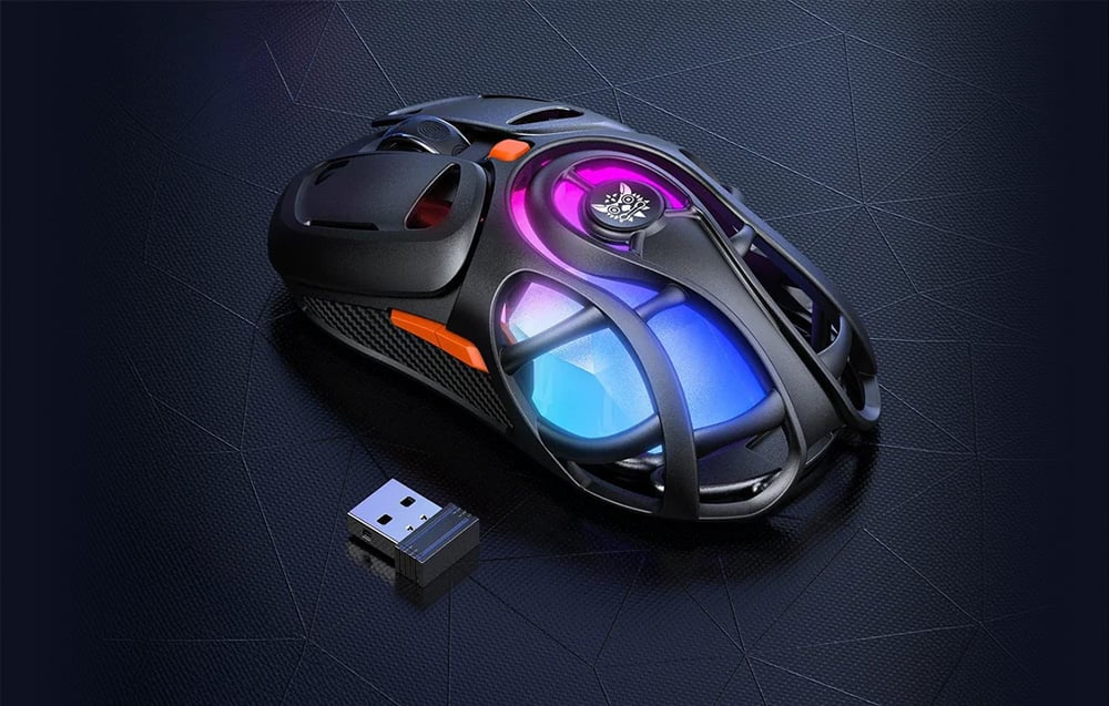 Black gaming mouse with backlight and dark background adapter
