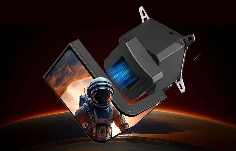 Water cooling all-in-one (AIO) unit with a detachable, curved LCD screen set against a planetary backdrop