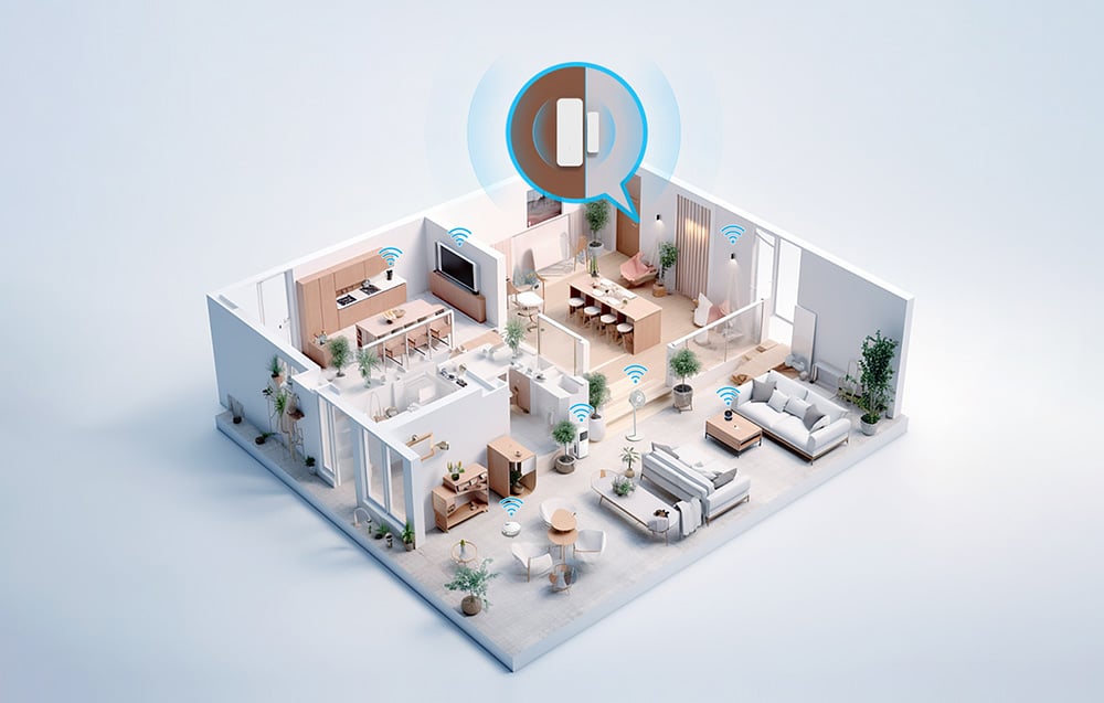 A projection of a modern apartment where the door and window opening sensor forms a smart home ecosystem