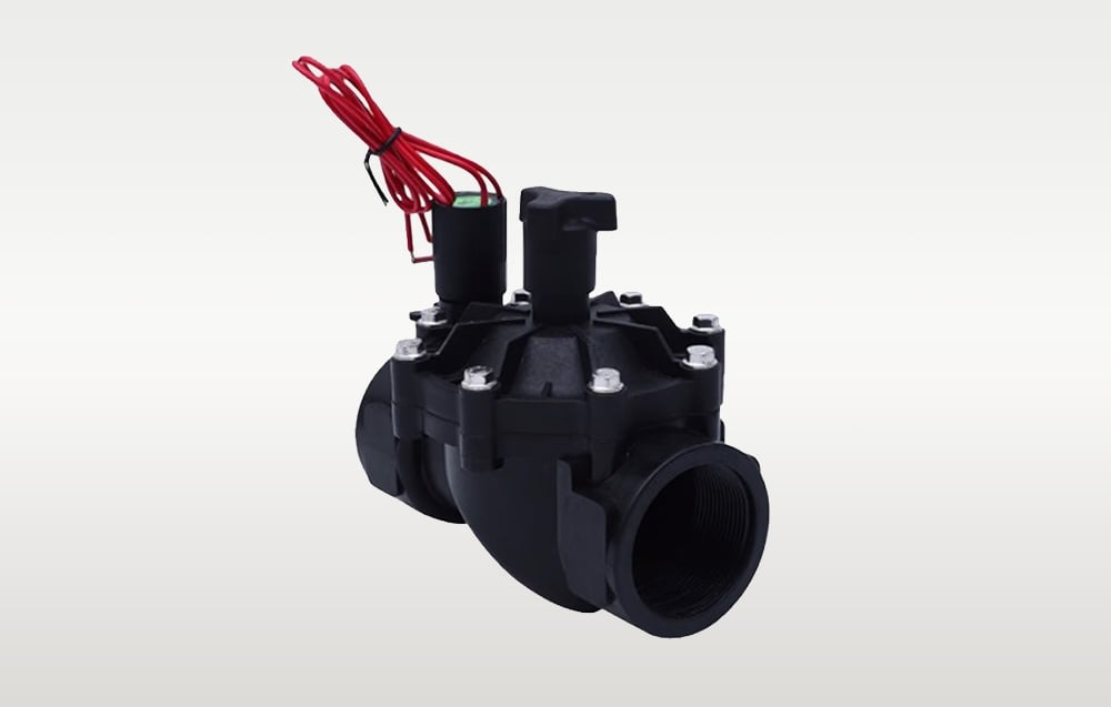 Irrigation solenoid valve with large threaded ends and red wire