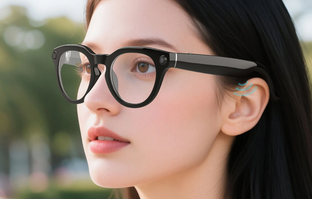 Profile of a woman wearing smart glasses, with a graphic symbol of sound waves next to her ear.