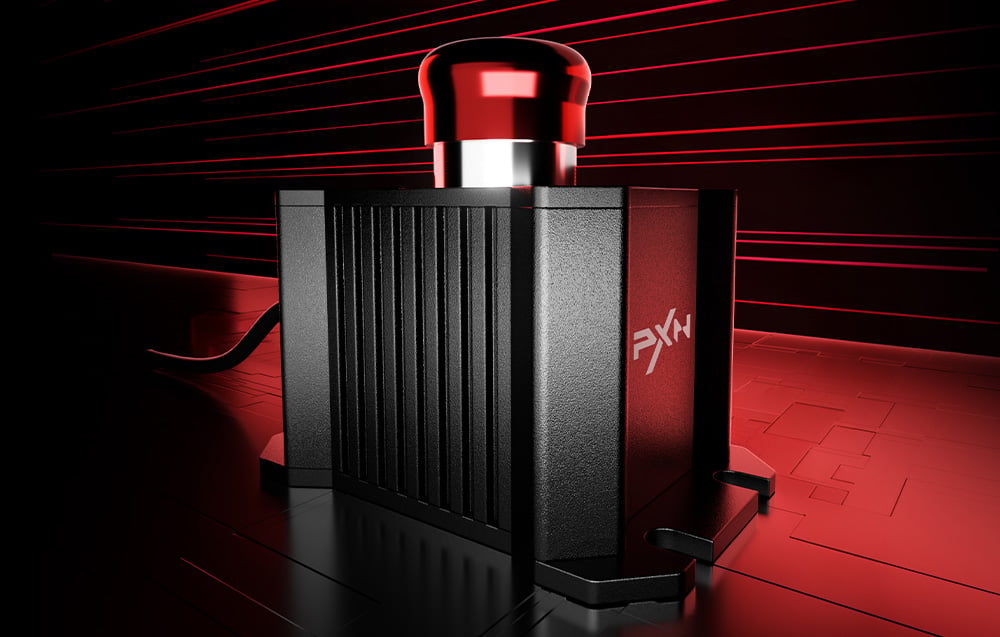 Black PXN module with a red emergency stop button on a background with red light lines