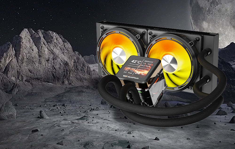Water cooling for CPU with 2 fans on black background