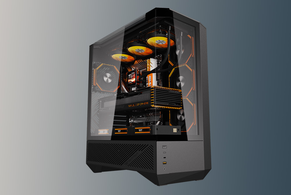 Black computer case with orange fans on a dark background