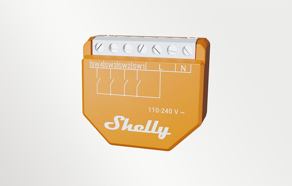An orange electrical module with “Shelly” written on it and connectors on a light-colored background