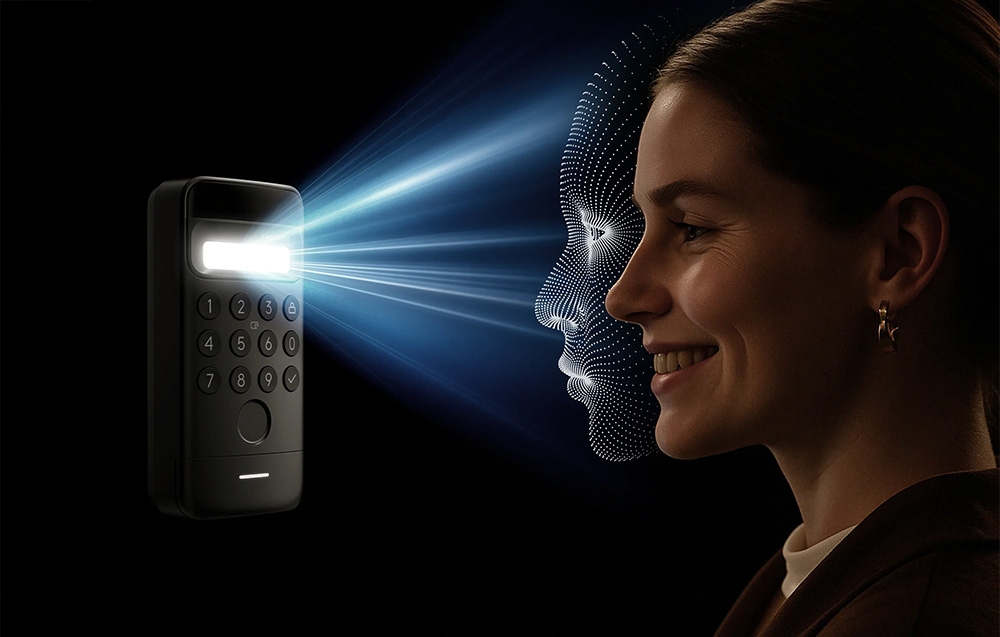 3D facial recognition visualization - a woman looks at the SwitchBot keypad with blue biometric scanning
