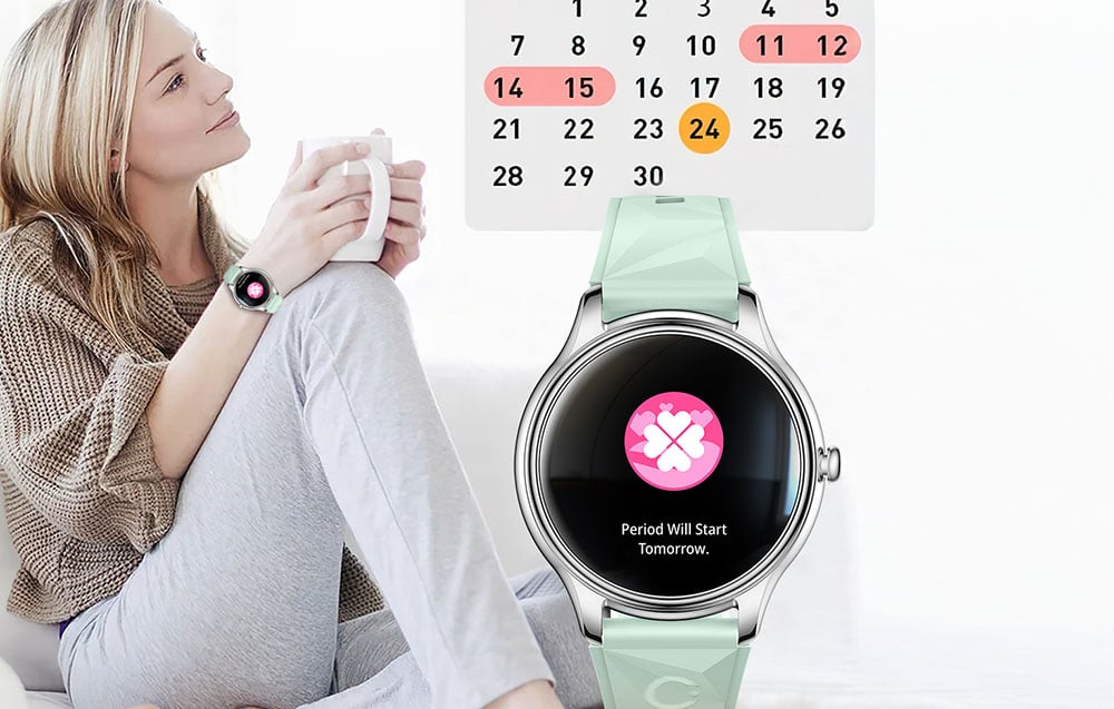 A woman drinking coffee, next to an enlarged smartwatch screen with a calendar and a menstrual cycle monitoring notification.