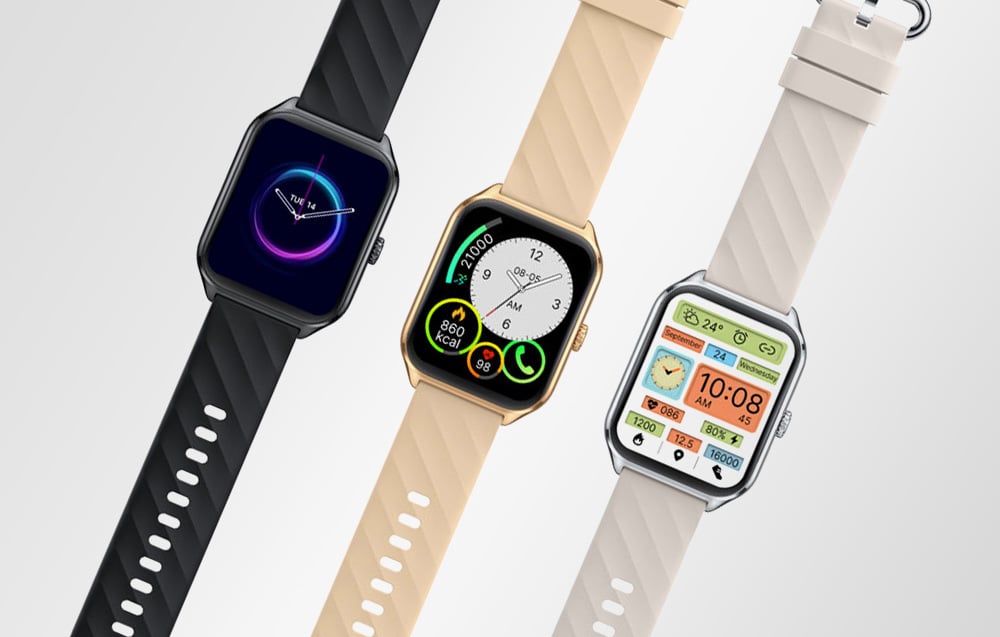 Three Zeblaze smartwatches on a bright background displaying time, calories burned, heart rate and other alerts
