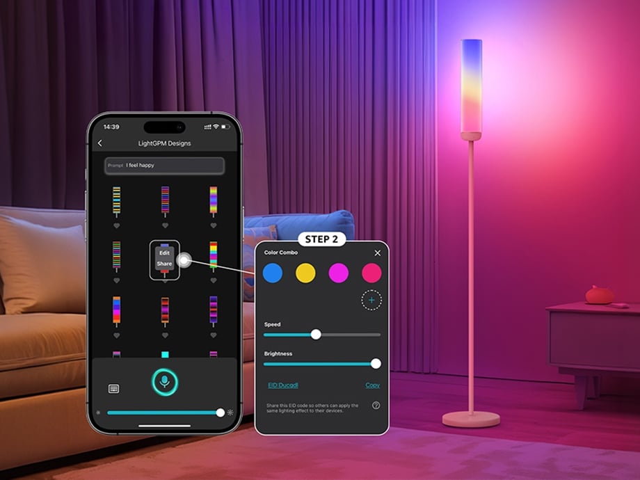 The colorful interface of a mobile app paired with an elongated lamp emitting multicolored neon light.