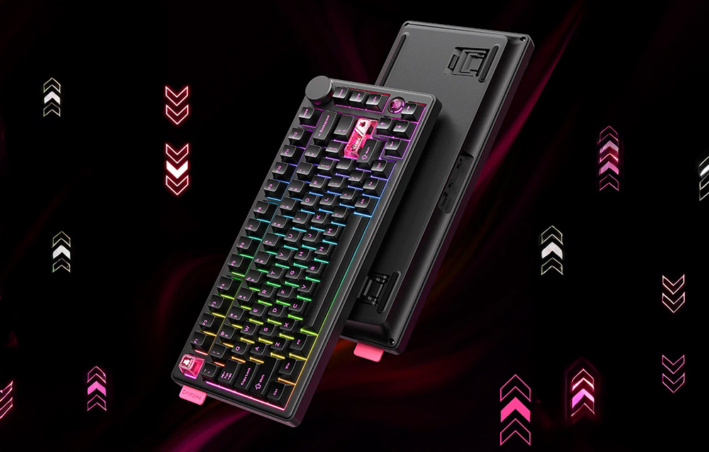 1 black Onikuma keyboard on black background with colored arrows