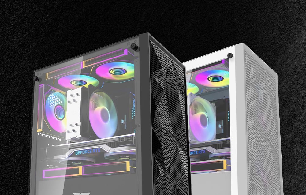 Two Darkflash M305 Mesh enclosures in white and black standing side by side.