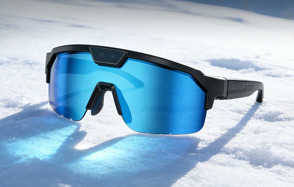 Blue AI glasses in the snow