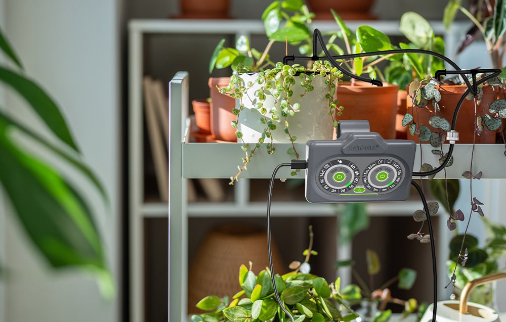 RainPoint® irrigation controller mounted on a white shelf with potted plants, showing the system of black tubes supplying water to the pots