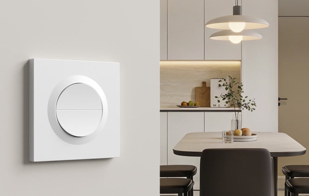 Minimalist SONOFF touch switch in the kitchen with light wood and Scandinavian interior design