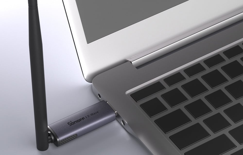 Sonoff Z-Wave gateway connected to a laptop