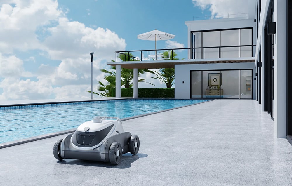 The pool robot stands on the terrace of a modern villa by a luxurious infinity pool on a sunny day