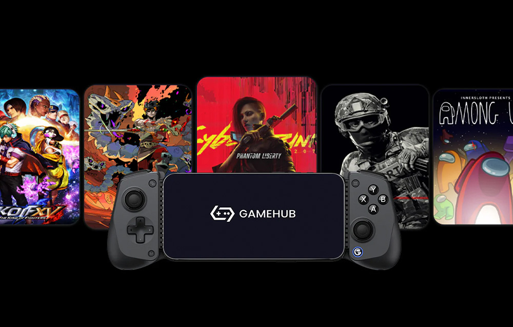 Console with GAMEHUB lettering on the screen, seen against a background of five video game graphics, including Among Us and Cyberpunk 2077