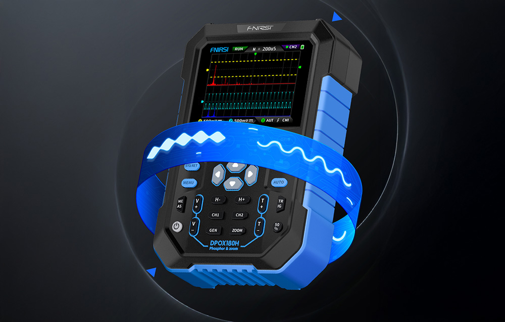 Handheld oscilloscope surrounded by a blue label with visible waveforms on the screen