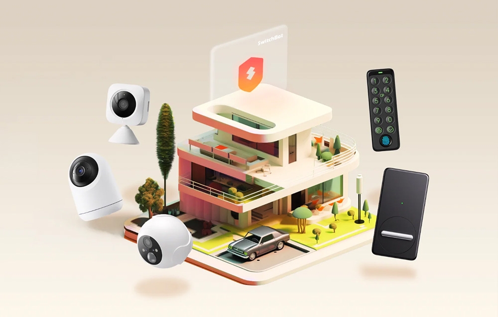 A model of a modern two-story house surrounded by levitating cameras, a smart lock, and a keypad.