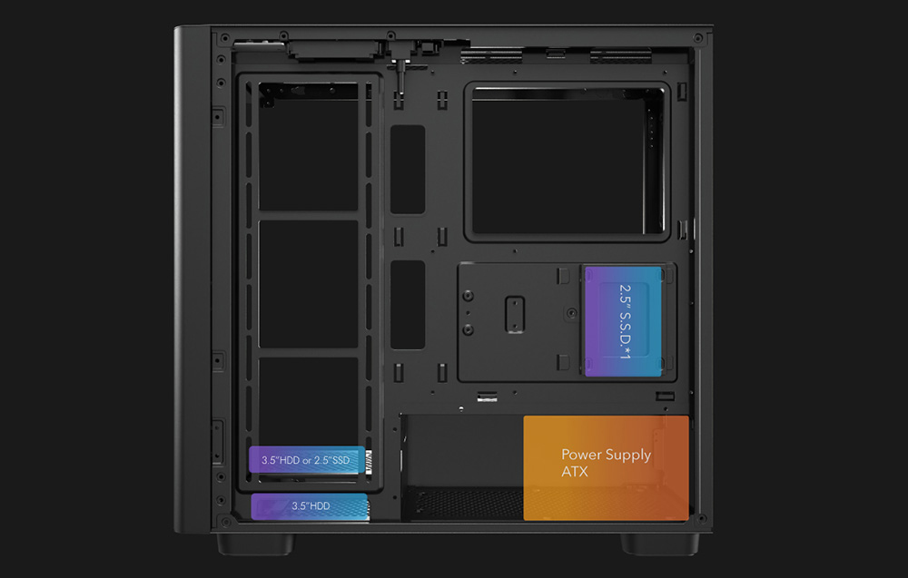 Black computer case with space for disk and power supply on black background