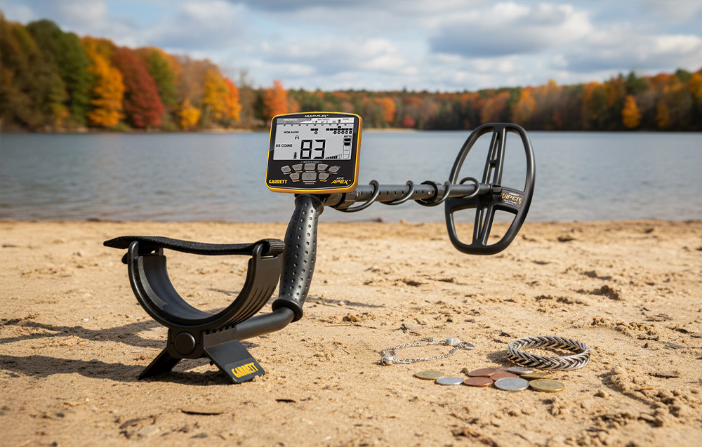 The metal detector lies on the beach next to coins and jewelry, with the lake in the background.