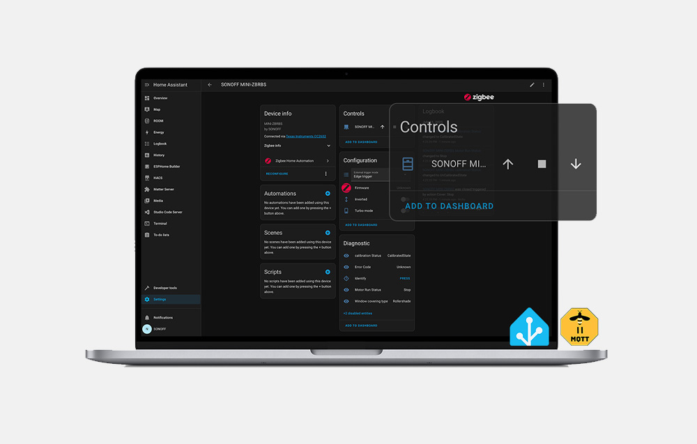 Laptop with Home Assistant interface showing the configuration of the SONOFF MINI-ZBRBS device and control panel