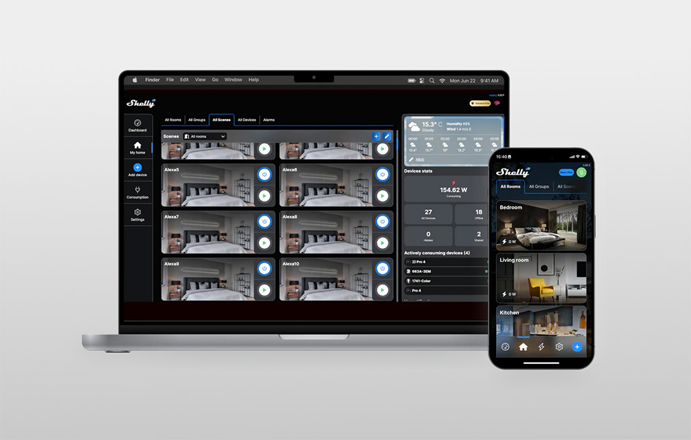 A laptop and smartphone running the Shelly smart home device management app, showing the user interface