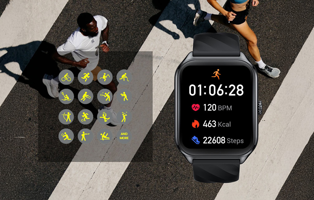 Black smartwatch displaying the progress of physical activity, with icons on the left side representing different sports
