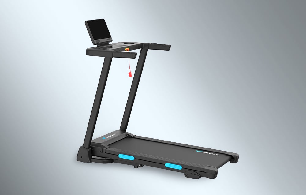 Merach treadmill with tablet holder set against a neutral gray background