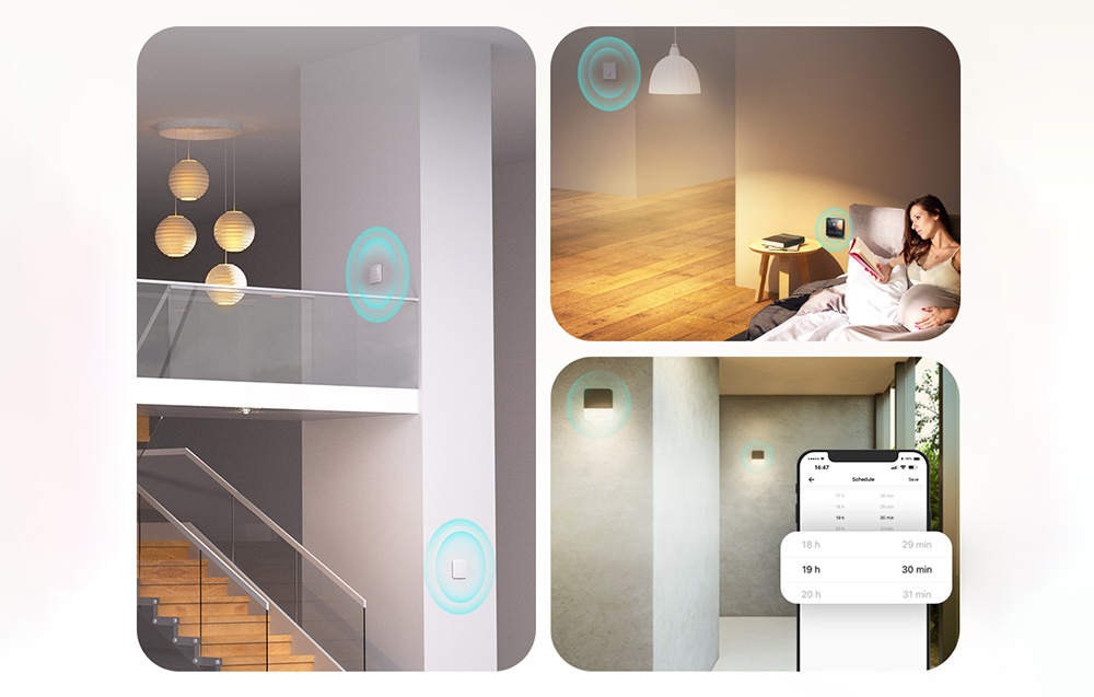 Four interior scenes showing Sonoff switches with range indication and mobile app