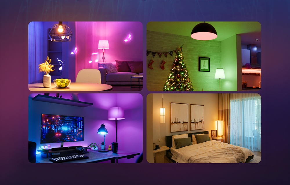 Four shots showing rooms with multicolored LED lighting: purple, green, blue, and warm yellow.