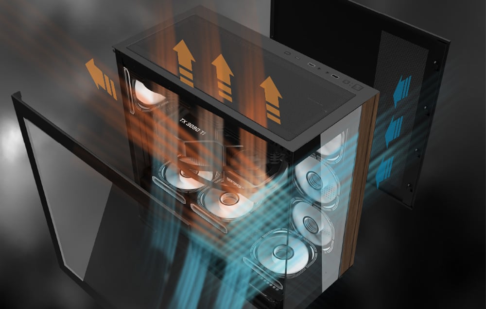 Graphic showing the cooling routing of the Darkflash DS900W computer case.
