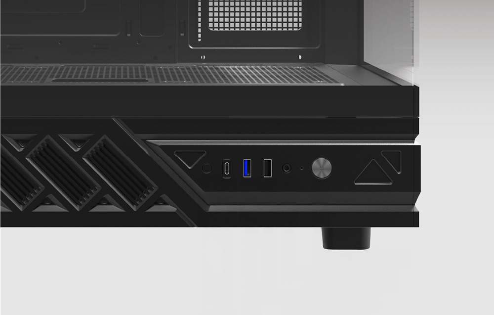 Front panel of a black PC case with ports and power button
