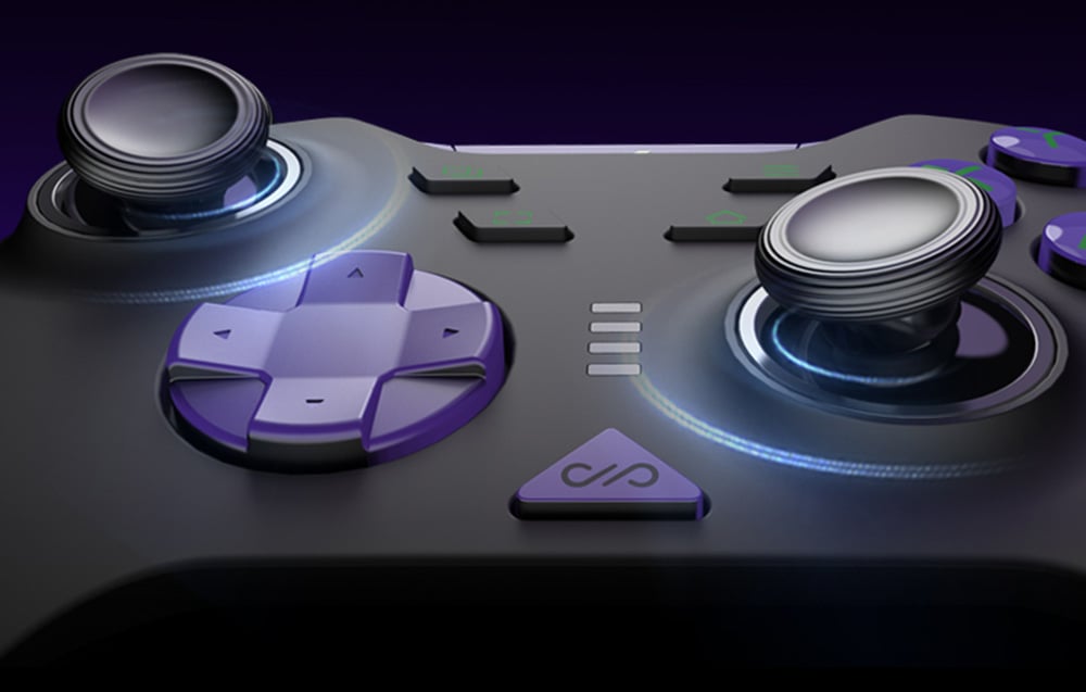 Close-up of the analog sticks, D-pad, and function buttons on the black PXN game controller