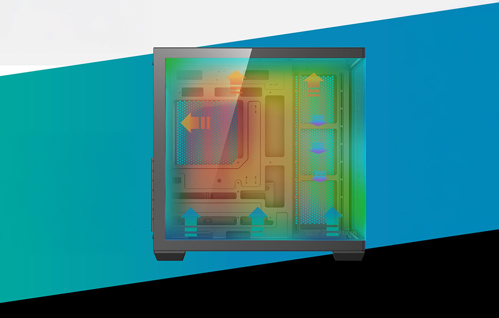 Airflow diagram in the case with colored arrows on a turquoise-blue background