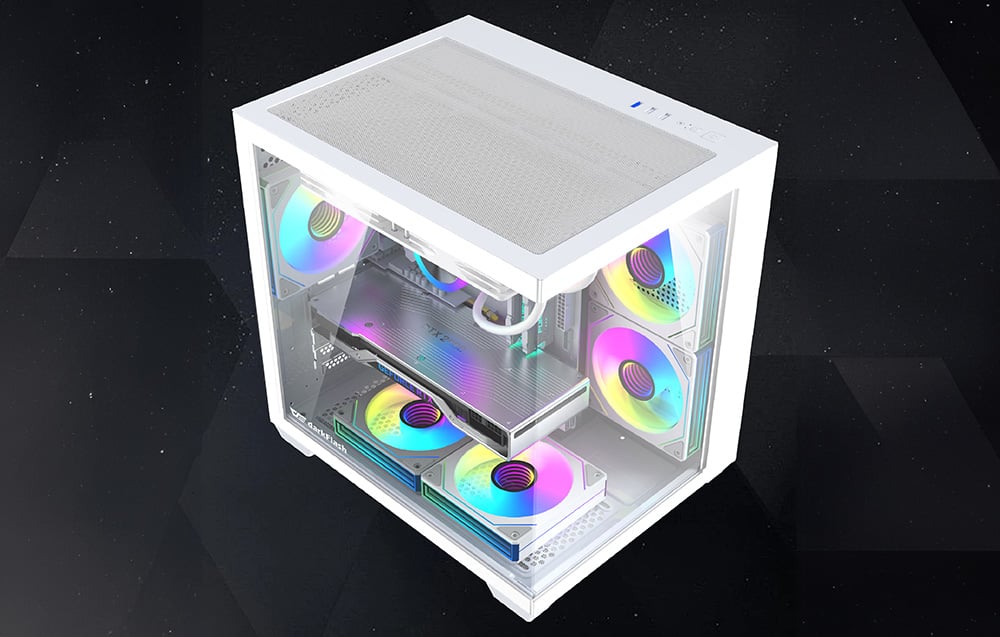 Top view of the white case with colorful RGB fans and glass side panels.